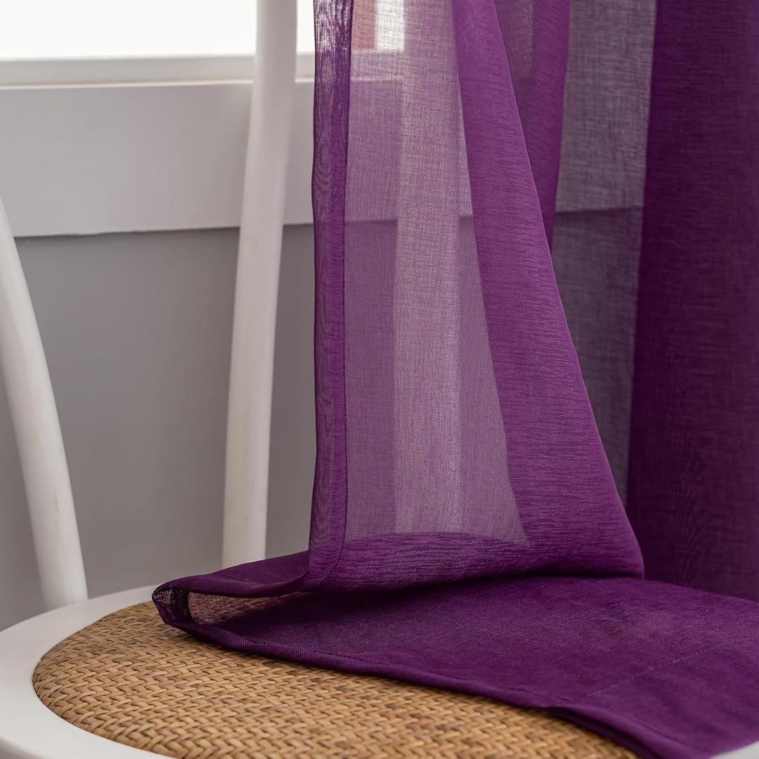 Sheer Curtains 45 Inch Length for Living Room Bedroom, Rod Pocket Polyester Semi Sheer Privacy Drapes, Window Treatments Semi Crinkle Curtain Panels for Kitchen Doorway Divider, Purple, 52" Wx 45"L
