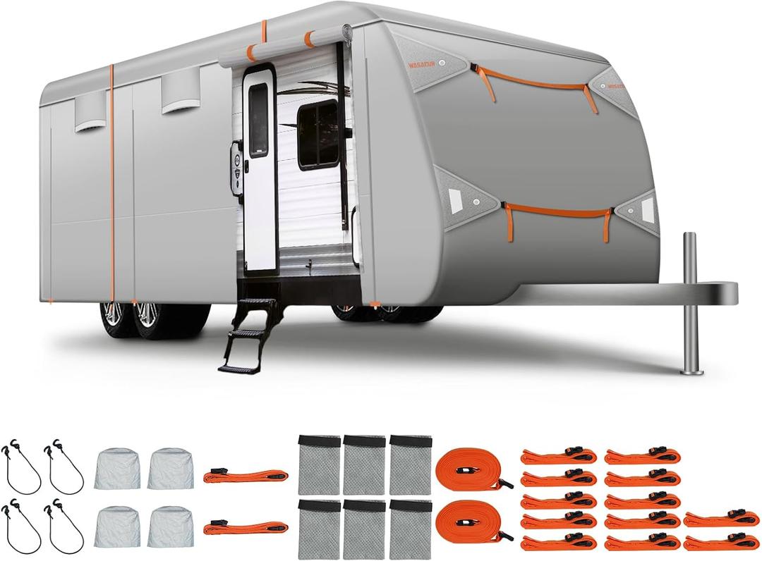 WASAGUN Travel Trailer RV Cover Fits 26.1'- 28.5', RV Cover Windproof 7 Extra Thick Layers Anti-UV Top, Zippered Door Panel, Rip-Stop Straps, 4 Tire Covers & 6 Gutter Covers, Orange