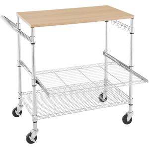 3 Tier Rolling Kitchen Cart with Wood Tabletop, Kitchen Island Carts with Wheels & Slider Shelf, Microwave Cart on Wheels, Coffee Cart with Hooks, 35.4" L*18.1" W*31.9" HWood+Chrome