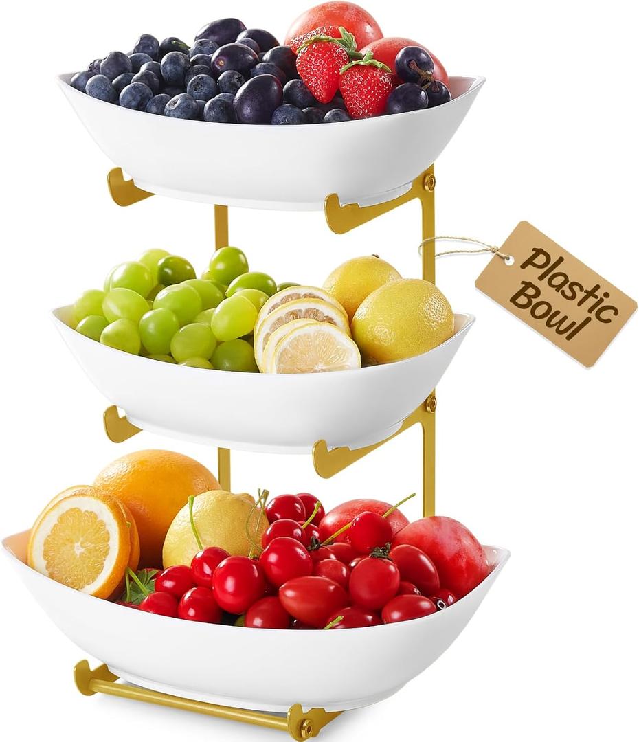 Lifewit Plastic Fruit Bowl Basket for Kitchen Countertop, 3 Tier Fruit Holder with Gold Metal Stand, Serving Tray for Food, Vegetable, Cake, Dessert in Party