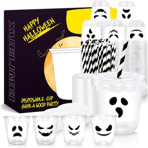 12oz White Black Ghost Halloween Disposable Plastic Cups with Flat Lids and Straws Happy Halloween clear Cups for Party Supplies Coffee, Beer, Drinks, Ice Cream, Snack and More (100)
