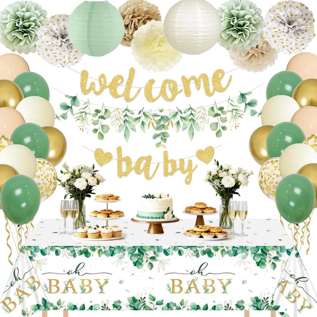Baby Shower Decorations Sage Green Welcome Baby Sign Banner with Green Balloons Oh Baby Tablecloth Gender Neutral Baby Items Paper Pom Poms Decorations for Gender Reveal Party Supplies