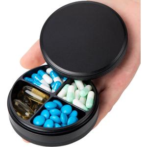 Metal Pill Case 4 Compartments - Travel Pill Organizer Waterproof, Small Pill Box for Purse, Compact Medicine Container Pill Dispensers Holder for Vitamin, Fish Oil, Supplement (Black)