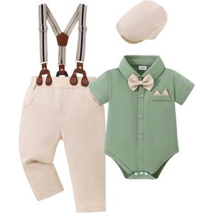 YALLET Baby Boy Clothes Suit Newborn Infant Gentleman Outfits, Formal Dress Shirt+ Bowtie+ Suspender Pants Wedding Party Set (6-12 Months, Light Green)