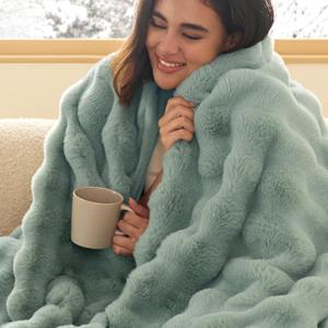 Bedsure GentleSoft Fluffy Faux Fur Throw Blanket, Fuzzy Soft Bubble Blanket for Couch, Faux Fur Decor for Home Bedroom Living Room, Thick Furry Cozy Gifts for Women, Sage Green, 50x60 Inch
