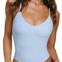 OMKAGI Racerback Workout Tops for Women Built in Bra Cute Open Back V Neck Longline Sports Bra Top (Blue, M)