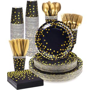 Lzerking 364 PCS Black and Gold Party Supplies, 52 Sets of Disposable Dinnerware Includes Paper Plates Cups Napkins, Plastic Knives Forks Spoons, Ideal for Birthday Graduation Wedding Festivals