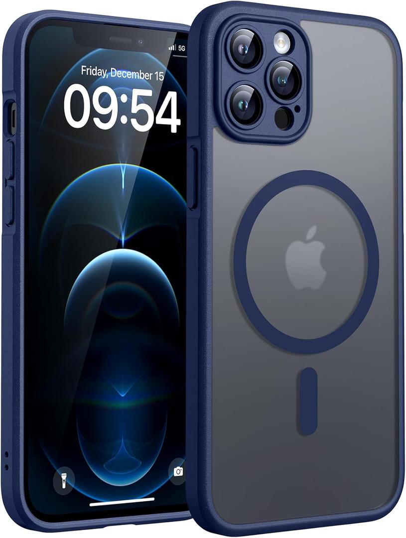 TOCOL Magnetic for iPhone 12 Pro Max Case, Upgraded Full Camera Protection, Compatible with Magsafe, Drop Protection, Translucent Matte Back Bumper Phone Cover 6.7-InchDark Blue