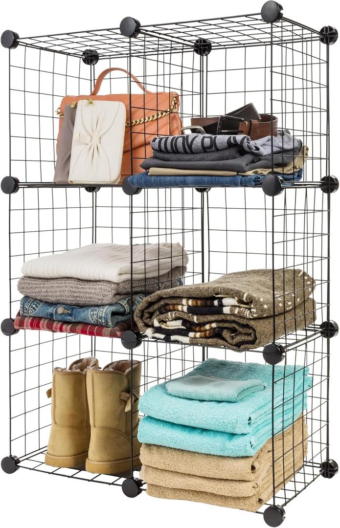IRIS USA 6-Cube Modular Wire Cube Storage Organizer, Adjustable & Expandable Metal Shelving for Closet, Bathroom & Home Storage, Stackable Wire Grid, Black