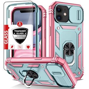 IYTRRYH Compatible with iPhone 11 Case with 2 Tempered Glass Screen Protector,Built-in Camera Cover+Stand Ring,Dustproof Shockproof Military Grade Drop Heavy Duty Protection Phone Bumper,Green Pink