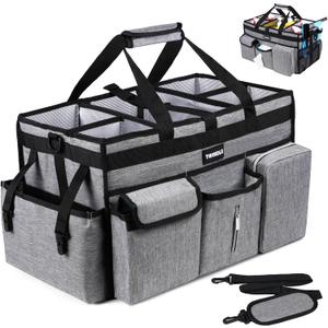 Extra Large Cleaning Caddy Bag with Rigid Support Board, Cleaning Organizer Tote with Detachable Divider, Adjustable Shoulder Strap & Waist Belt, Cleaning Supply Carrier for Cleaners & Housekeepers (Gray)