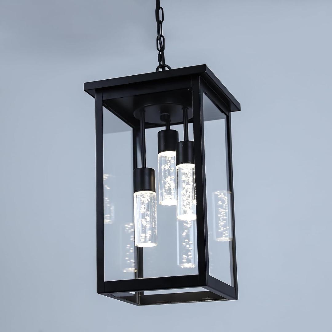 5CCT LED Large Outdoor Pendant Light Fixtures, LED Integrated Bulbs Included 3-Light Black Outdoor Hanging Lantern Light, Exterior Pendant Ceiling Lighting for Porch Yard Gazebo
