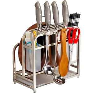 Knife Holder Storage Organizer with Hooks, Stainless Steel Knife Block Holder Cutting Board Rack,Kitchen Utensils Holder with Drainer Tray for Kitchen Countertop
