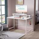 Pamray 32 Inch Small Computer Desk with Monitor Stand, Simple Office Desk with Headphone Hook for Small Spaces, Kids Study Writing Table for Bedroom, White