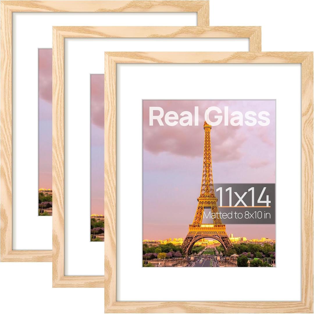 upsimples 11x14 Picture Frame Set of 3, Made of High Definition Glass for 8x10 with Mat or 11x14 Without Mat, Wall and Tabletop Display Photo Frames, Natural