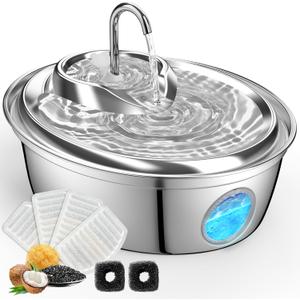 ORSDA Cat Water Fountain Stainless Steel, Cat Fountains for Drinking, 67oz/2L Automatic Pet Fountain Water Dispenser with Water Level Window for Cats and Small Dogs- 4Pcs Filters (D36-F)