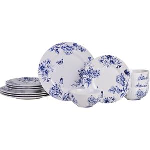 222 Fifth 12-Piece Porcelain Dinnerware Set for 4, White & Blue Plates and Bowls Set, Glossy Ceramic Dish Set with Embossed Toile Pattern, Elegant Kitchen Dishes, Microwave & Dishwasher Safe, Cassian