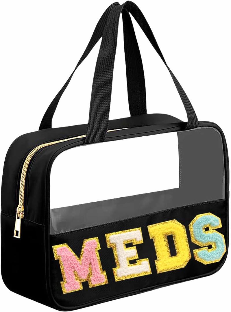JOJOPOLLO Chenille Letter MEDS Bag Clear Medical Medicine bag for Traveling Preppy Emergency Patch Bag with Handle and Zipper Waterproof Nylon Portable Makeup Bag for Women
