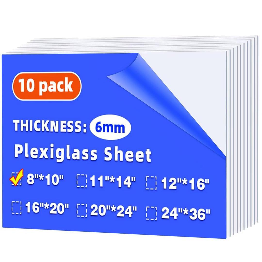 (10 Pack) 8" x 10" Plexiglass Sheets 1/4 inch Thick (6mm), Clear Acrylic Sheets Panel Cut to Size Plexiglass Acrylic Board, Cut with Engraver, Power Saw or Hand Tools, No Laser Cut
