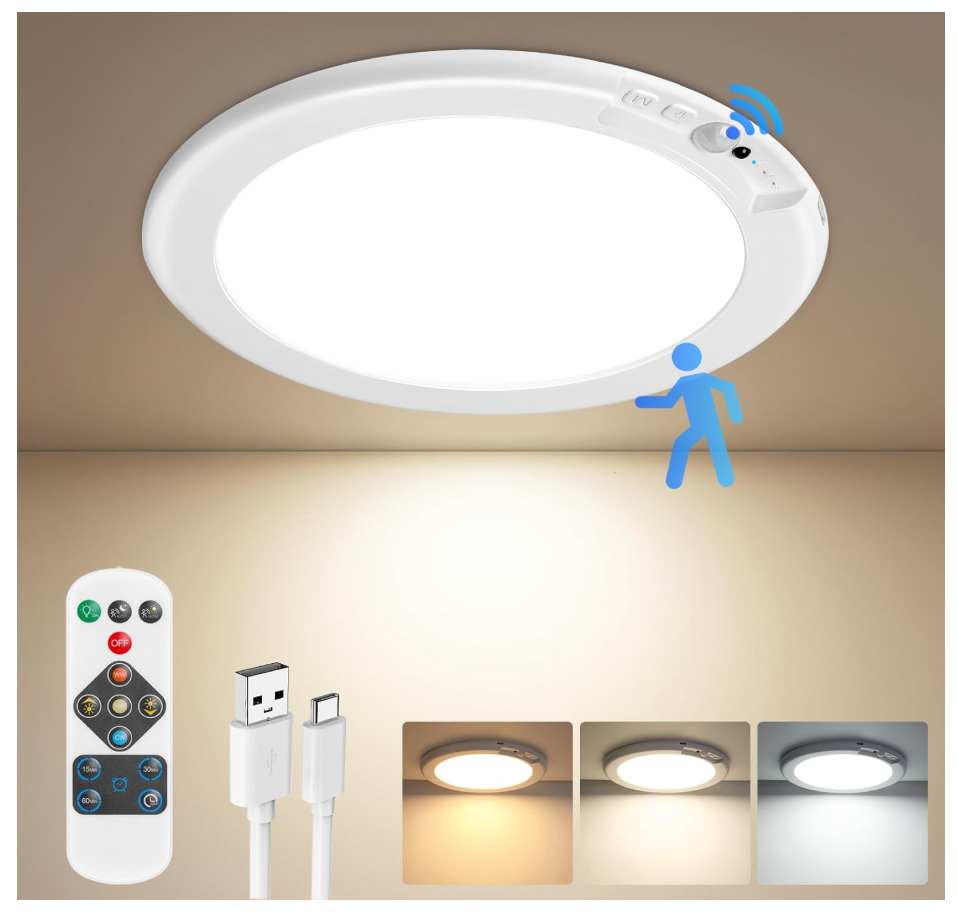 Auncko 1 Pack Rechargeable Ceiling Light, Closet Lights Motion Sensored, Battery Powered Ceiling Light with Remote No Wiring, Wireless Ceiling Lights for Stairs, Garage, Hallway, Porch, Pantry, Shed, (No Remote Control)