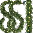 2 PCS Pre-Lit Christmas Garland Decorations,9 FT Faux Led Norfolk Pine Garland Artificial Realistic, Real Touch Greenery Christmas Pine Garland for Mantle Table Front Door Indoor Outdoor Holiday Decor