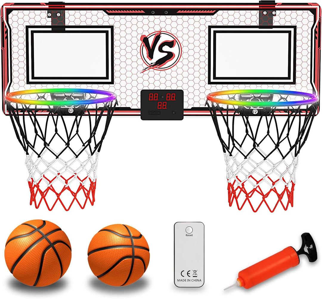 LED Basketball Hoop for Kids - Over The Door Indoor Hoop with Electronic Scoreboard & 3 Mini Balls, Birthday Gift for Boys Girls Ages 5 6 7 8 9 10 11 12+ Years Old (Double)