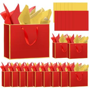 Epoesch 12 Pack Metallic Paper Gift Bags with Handles  Includes Tissue Paper  11.8"x10"x4"  Elegant Personalized Gift Bags for Christmas ThanksgivingBridesmaids, Groomsmen, Guests (Red Gold)