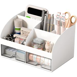 COMFYROOM Desk Organizer with 6 Compartments and 2 Drawers, Plastic Makeup Organizer, Pen Holder for Desktop Storage, Desk Organization for School, Home, Office Supplies (White)