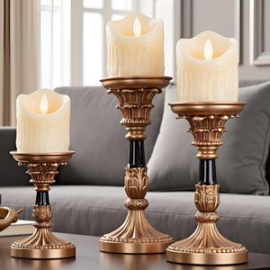 Resin Pillar Candle Holders Set of 3  an Antique Gold Frame with Engraved Decorations (9", 7.5", 6") with 3.1" Tray & Velvet Anti-Slip Base for Table Centerpiece and Fireplace Mantel Decor (Retro Style)