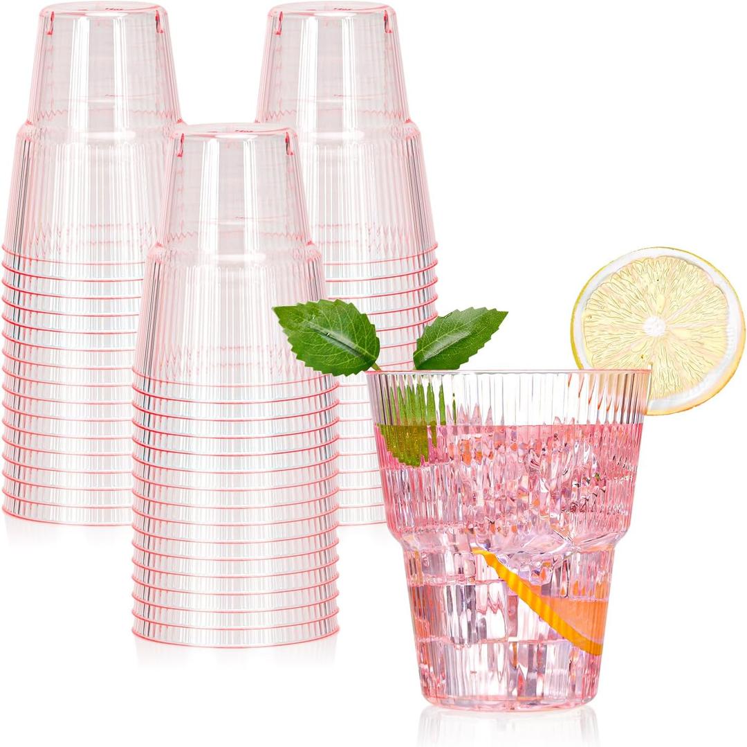XUWAIDSGN 50 Pack Pink Plastic Ribbed Wine Glasses 14 oz Disposable Cocktail Martini Juice Coffee Drinking Tumblers Plastic Stackable Ripple Wedding Party Cups for Charcuterie Parties and Events