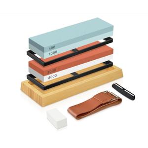 Knife Sharpening Stone set 4side Whetstone 400/1000 3000/8000 knife sharpener with Non-slip Base, Leather Strop, Flattening Stone Knife holder