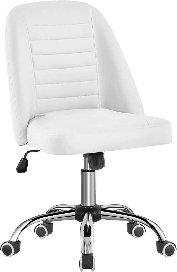 Yaheetech Mid Back PU Leather Armless Desk Office Chair, Modern Vanity Chair with Rolling Wheels, Metal Base White