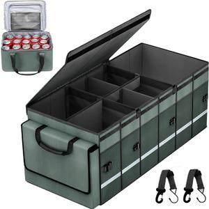 Car Trunk Organizer and Storage with Removable Leakproof Cooler Bag, 6 Removable Dividers for Custom Space, Collapsible Trunk Storage with Non Slip Bottom, Foldable Cover for SUV, Jeep, MPVs (Grey)