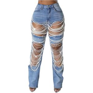 Lucuna Women's Rhinestone Ripped Jeans High Waist Boyfriend Cutout Straight Leg Pearl Distressed Denim Pants (X-Large)