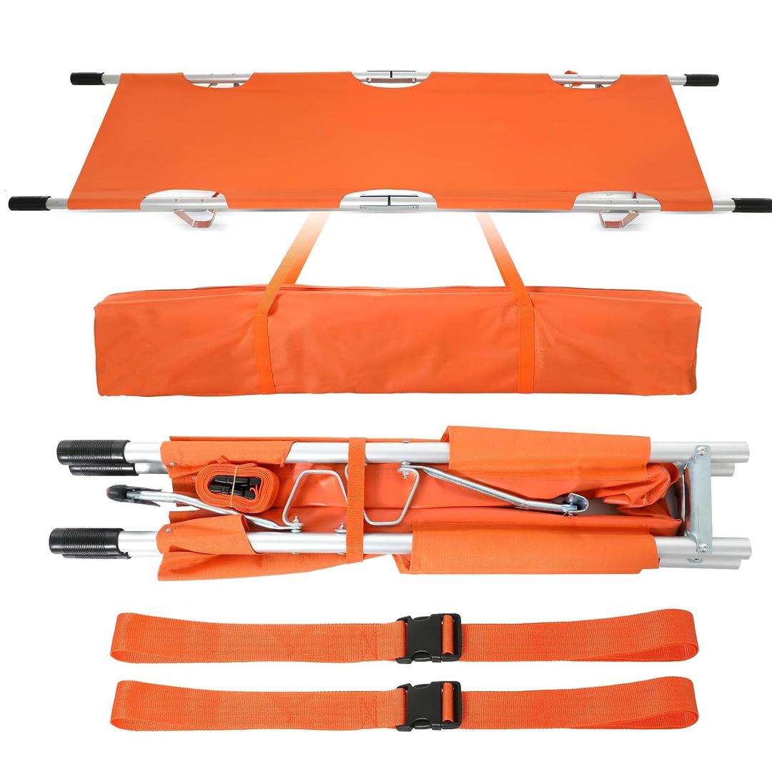 TrelaCo Folding Stretcher 81 x 21.3 x 5.4 Inch Aluminum Alloy Collapsible Gurney Emergency Portable Stretcher with Heavy Duty Handles Rubber Feet for Ambulance Patient Transport, Orange