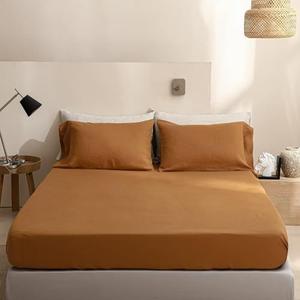 King Linens 100% Linen Fitted Sheet Stone Washed Solid Color - (1 Piece) 14 inch Deep Pocket Mattress Cover Soft Natural Breathable Farmhouse - Rust, Queen Size