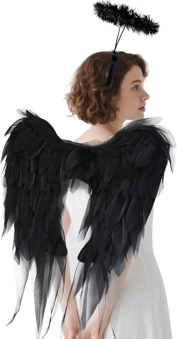 Angel Wings and Halo Headband for Women Adults Girls - Chiffon Fairy Wings, Costume for Halloween Christmas Party Cosplay (Medium, Black)
