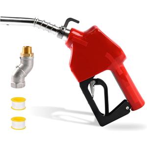 3/4" NPT Automatic Fuel Nozzle, Gas Pump Nozzle with Fuel Hose Swivel & Hook. Auto Shut-Off, Max Flow 16 GPM, 3-Speed Padlock. For Gasoline, Diesel, Kerosene, Biodiesel up to B20. Red
