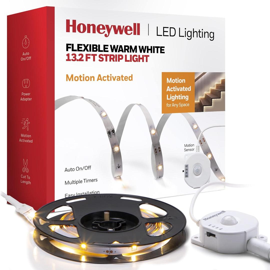 Honeywell 13.2ft Motion Activated Flexible LED Warm White Strip Light for Home Decor, Ambient Under Cabinet Lighting, with Power Adapter, Multiple Timers & Auto On/Off