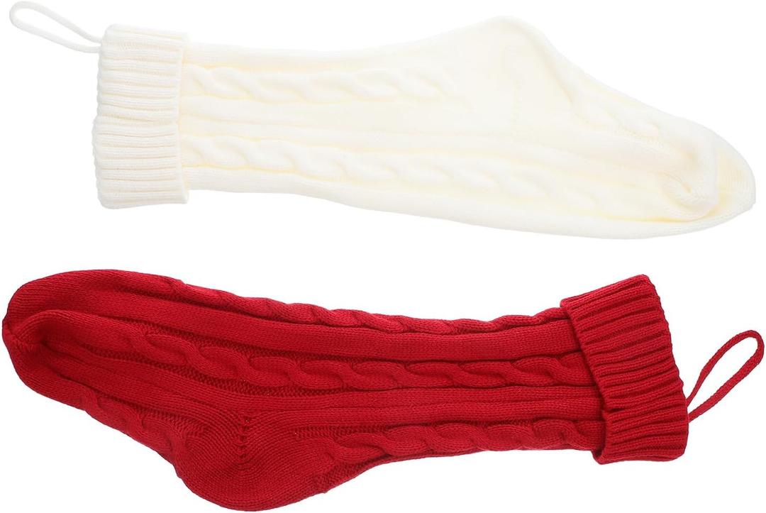 2pcs Knitted Christmas Stockings:Holiday Tree Hanging Ornaments for Candy, Party Favors, and Treats, Decorative Xmas Stockings for Home Decor, Red and Ivory