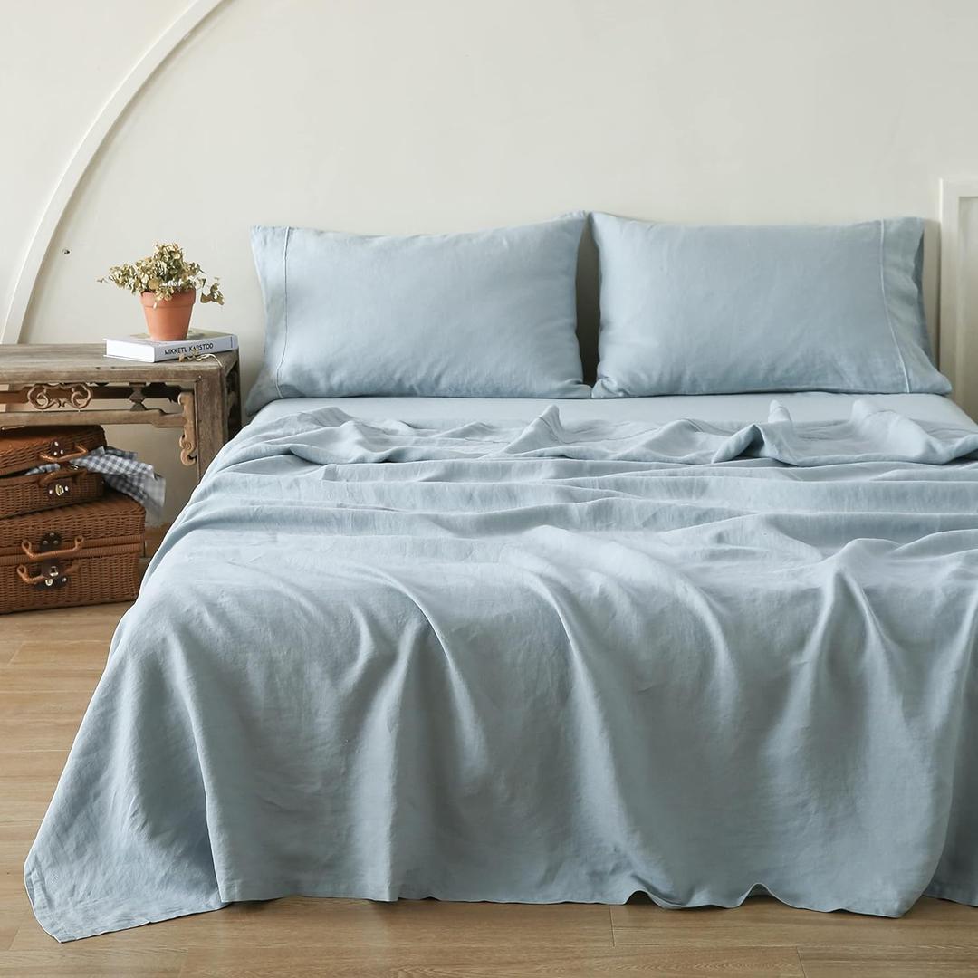 Simple&Opulence 100% Pure Linen Sheet Set King Size, Natural French Flax Solid Color 4 Pcs Washed Breathable, Farmhouse Bedding (1 Flat Sheet,1 Fitted Sheet,2 Pillowcases)-Embroidery Dusty Blue
