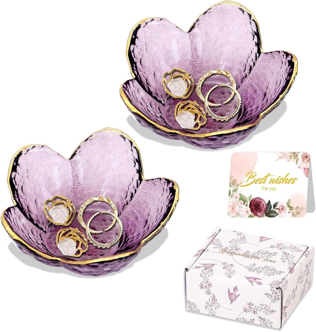Gifts for Women Purple Flower Jewelry Dish Glass Ring Holder Decorative Jewelry Tray Cute Vanity Room Decor Aesthetic Nightstand Bathroom Decor Trinket Dish Friendship Birthday Christmas Gifts (2pcs)