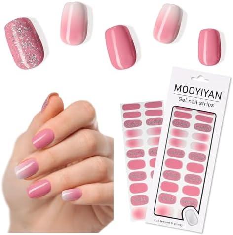 4 x MOOYIYAN Gloss Nail Strips|Uv Free|22 Pcs,Gel Nail Stickers|Long Lasting Two Weeks and Easy to Apply&Remove|Dazzle Pink