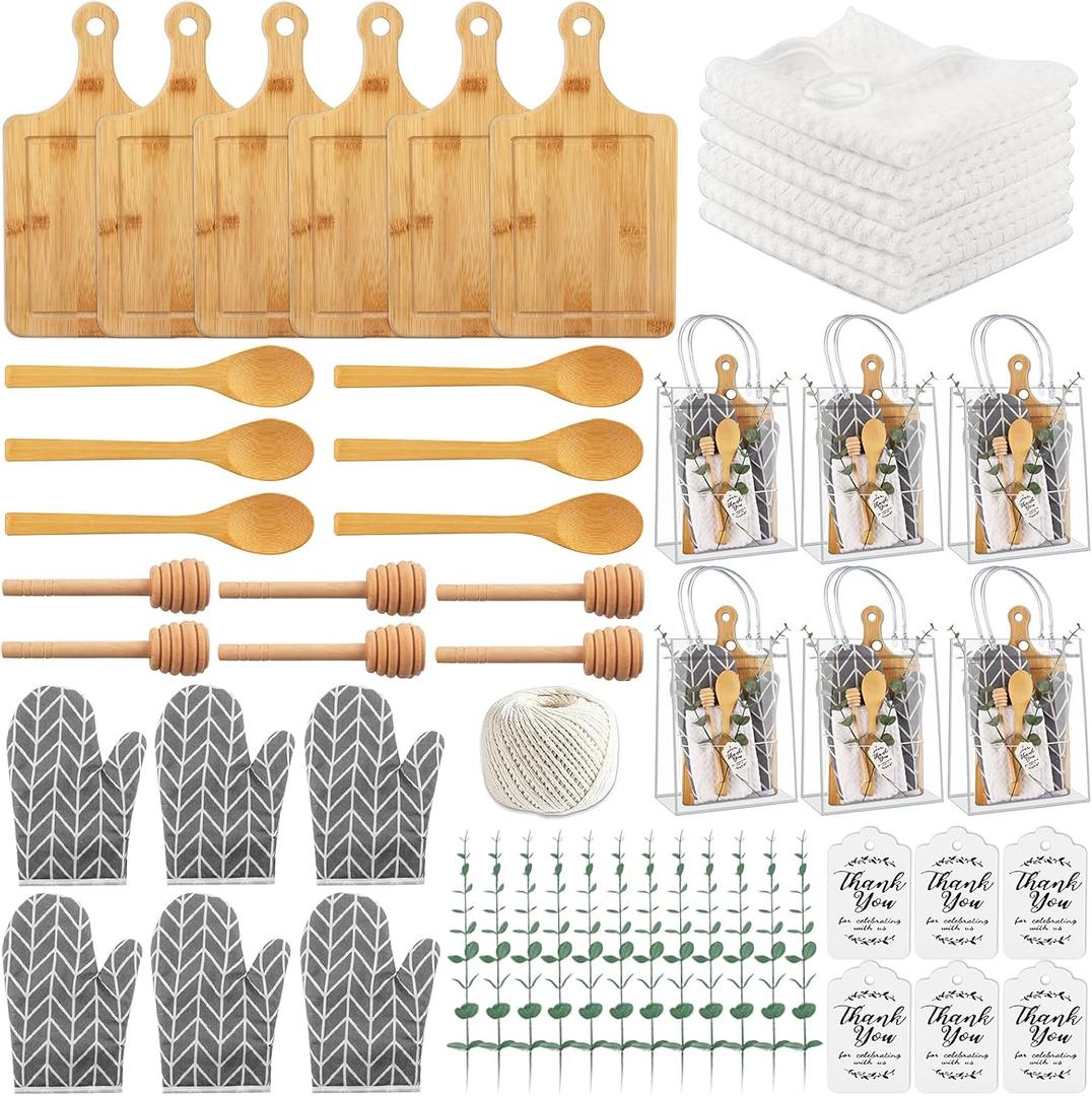 6 Sets Baby Shower Prizes for Game Winners, 37Pcs Include Bamboo Cheese Board Spoon Honey Stick Dipper Oven Mitts Towel Eucalyptus Stems Thank You Card and PVC Gift Bags Wedding Bridal Shower Favors