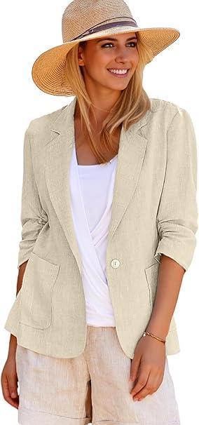 Mina Self 2025 Summer Linen Blazer Women Lightweight 3/4 Stretchy Ruched Sleeve Fully-Lined Casual Work Jacket with Pockets M
