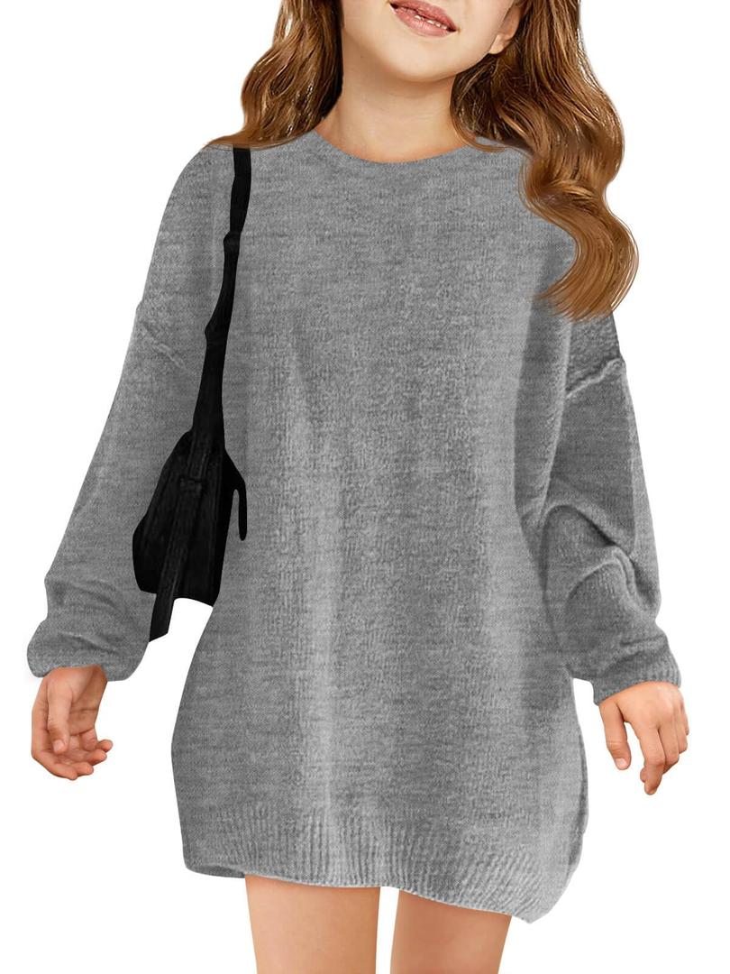 Haloumoning Girls Sweater Dress Casual Crewneck Knit Long Sleeve Fall Winter Dress Pullover 5-14Y Grey (Gray)