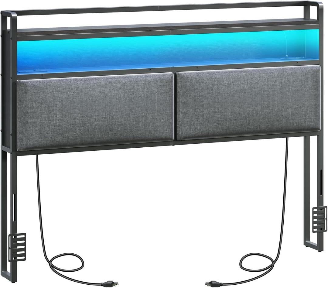 Queen Size Headboard, Upholstered Headboard with Charging Station and LED Light, 2 AC Outlets, 2 USB Ports and 2 Type-C Ports, 2-Tier Open Shelves, with Bed Frame Adapters, Black and Gray