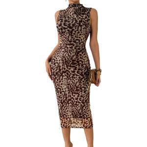 Milumia Women's Printed Mock Neck Bodycon Maxi Dress Sleeveless Mesh Long Dress Party Cocktail (Medium, Brown)