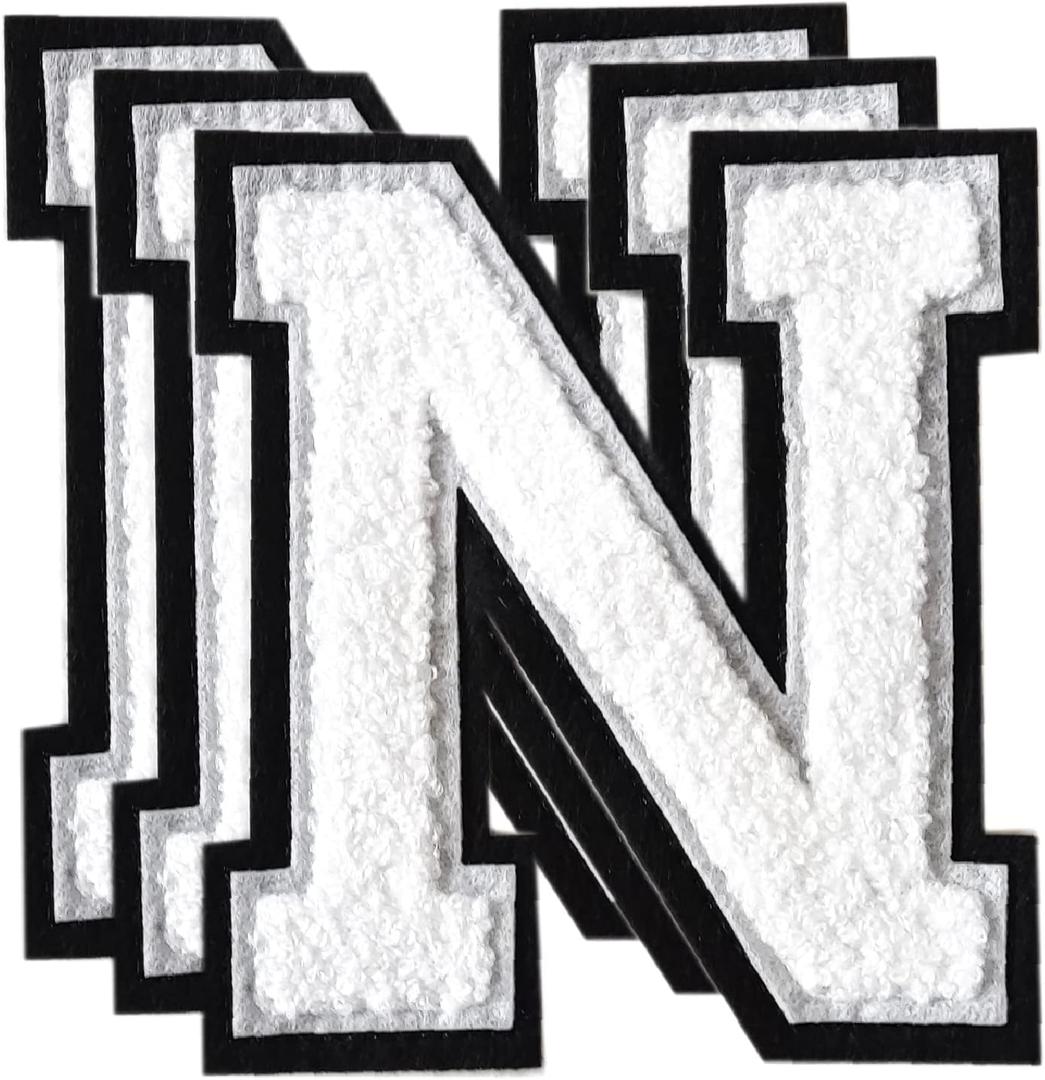 TXSN 3PCS White Chenille Letters Patch, Large Size 41/2" Iron on Letter Patches Varsity Patches for Clothing, N