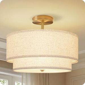 16" Semi Flush Mount Ceiling Light, 3-Light Drum Ceiling Light Fixture with 2-Tier Linen Fabric Shades, Close to Ceiling Light for Living Room, Bedroom, Kitchen, Beige & Gold D10DD05